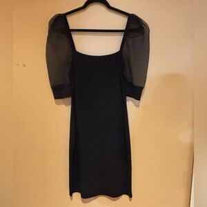 Bar III Black Square-Neck Mini Dress with Sheer Puff Sleeves
